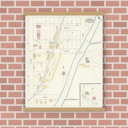 Old map wall art mockup — magnetic wood frame on brick wall — Sanborn Fire Insurance Map from Preston, Fillmore County, Minnesota (1909), Sheet #0005