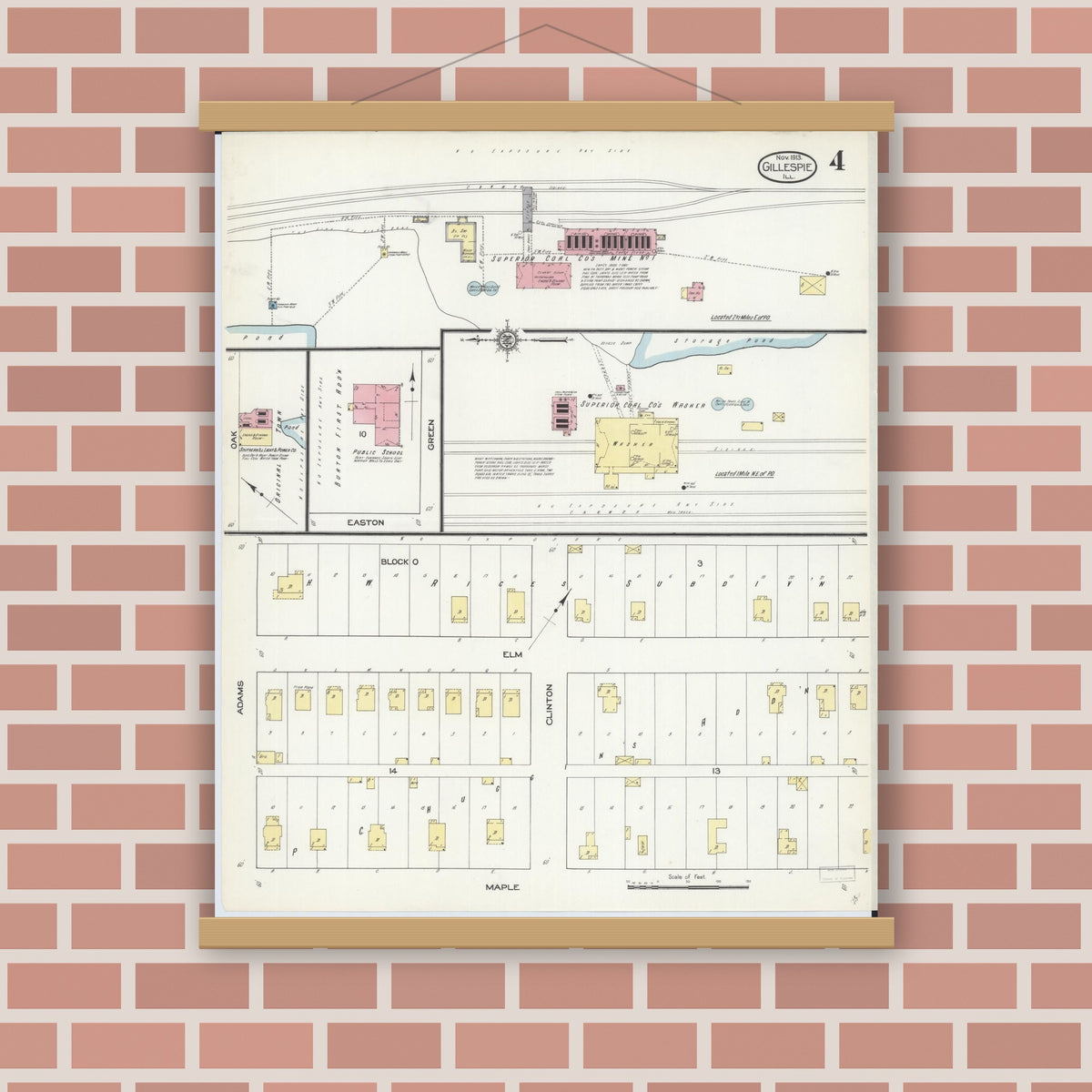 Old map wall art mockup — magnetic wood frame on brick wall — Sanborn Fire Insurance Map from Gillespie, Macoupin County, Illinois (1913), Sheet #0004