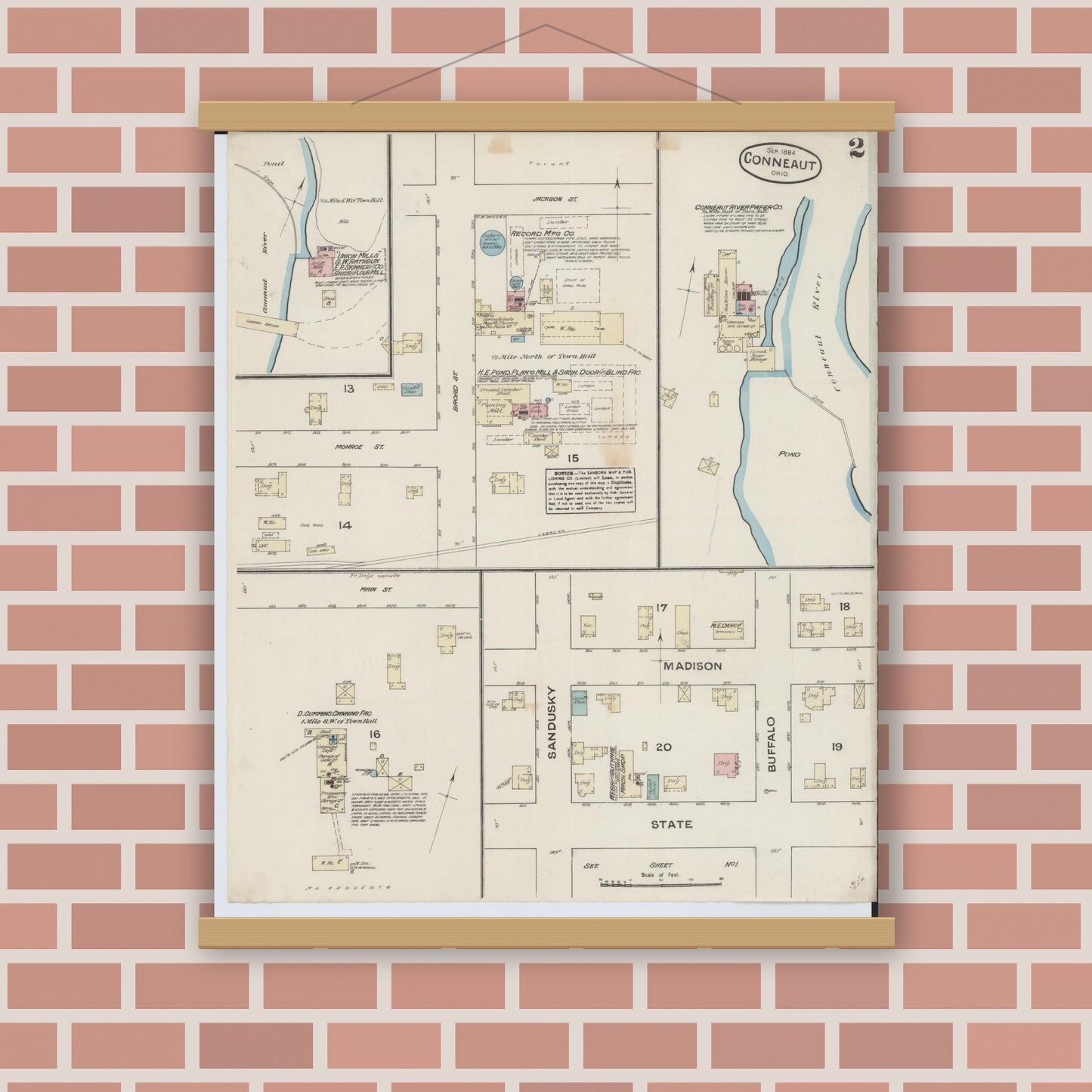 Old map wall art mockup — magnetic wood frame on brick wall — Sanborn Fire Insurance Map from Conneaut, Ashtabula County, Ohio (1884), Sheet #0002