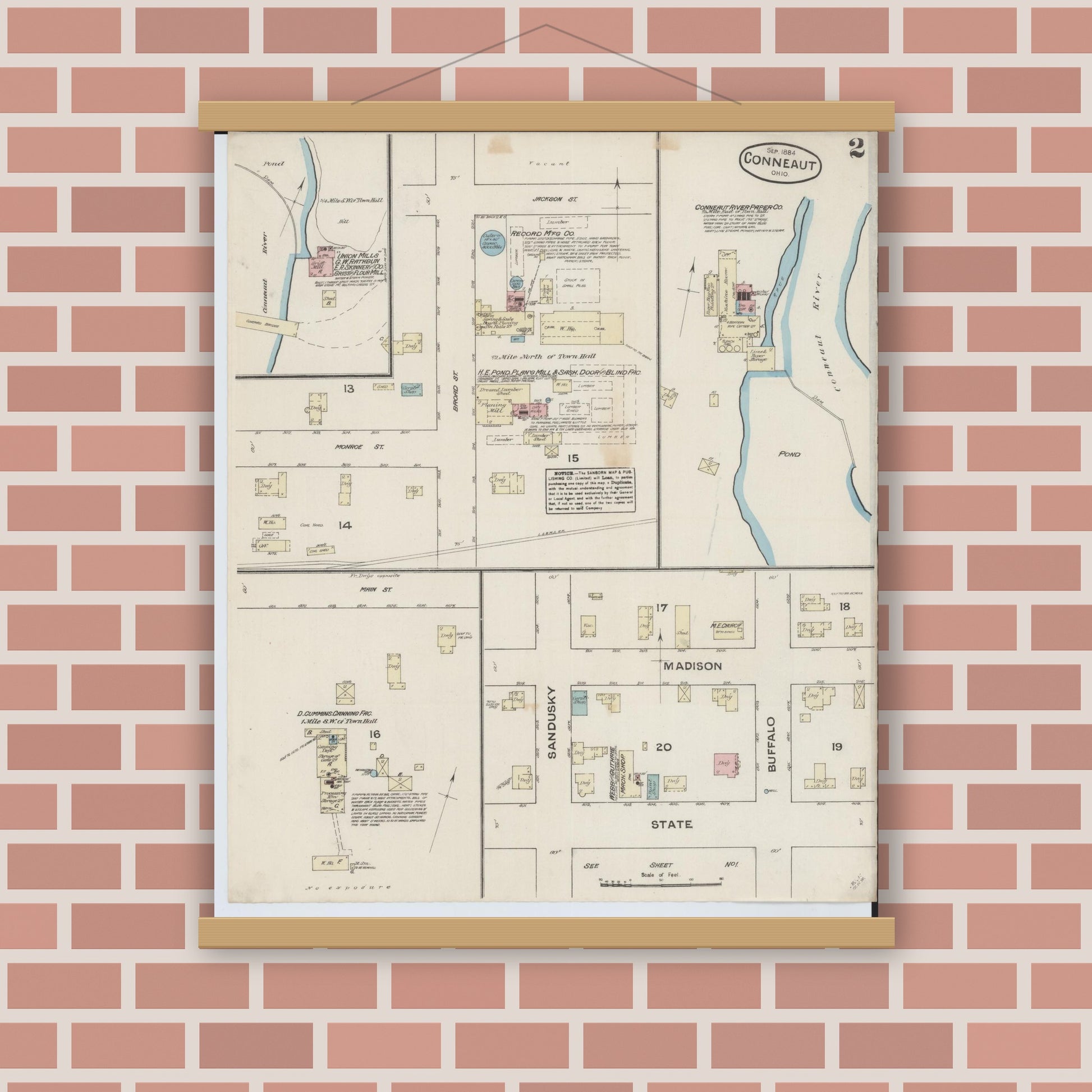 Old map wall art mockup — magnetic wood frame on brick wall — Sanborn Fire Insurance Map from Conneaut, Ashtabula County, Ohio (1884), Sheet #0002