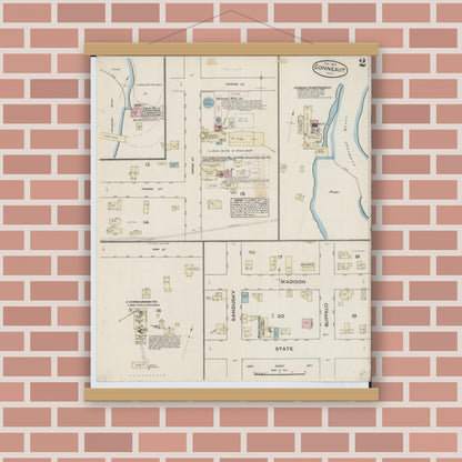 Old map wall art mockup — magnetic wood frame on brick wall — Sanborn Fire Insurance Map from Conneaut, Ashtabula County, Ohio (1884), Sheet #0002