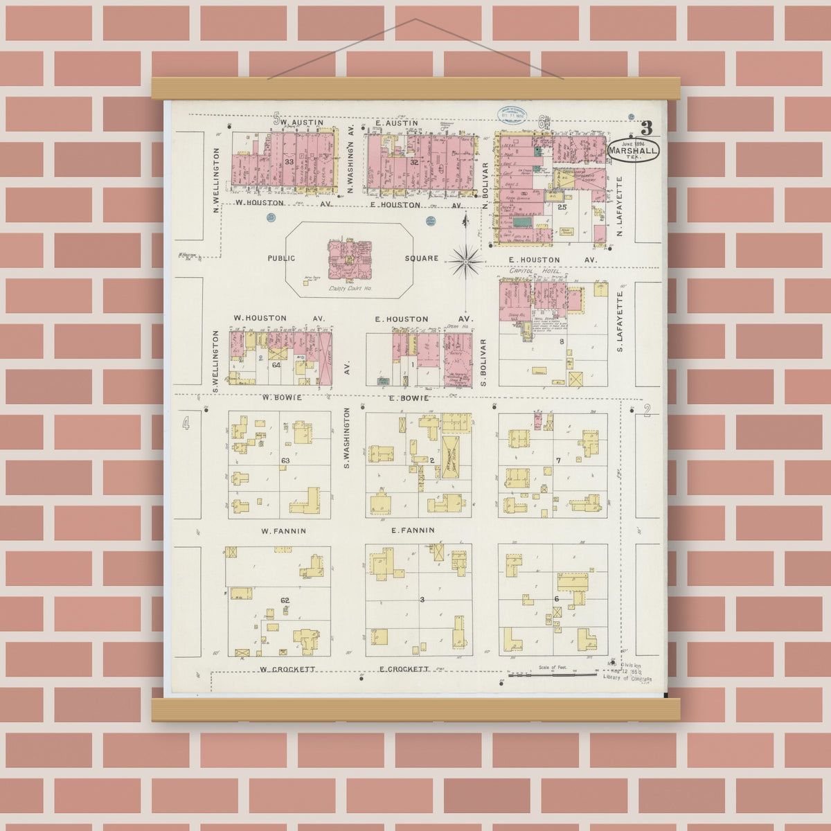 Old map wall art mockup — magnetic wood frame on brick wall — Sanborn Fire Insurance Map from Marshall, Harrison County, Texas (1894), Sheet #0003