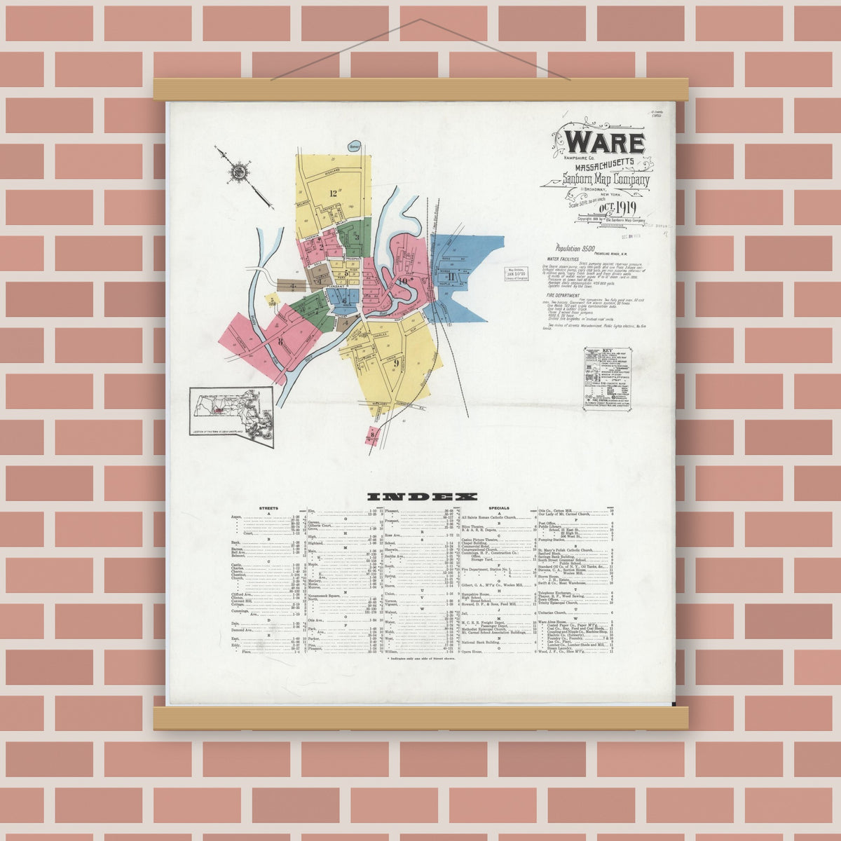 Old map wall art mockup — magnetic wood frame on brick wall — Sanborn Fire Insurance Map from Ware, Hampshire County, Massachusetts (1919), Sheet #0001