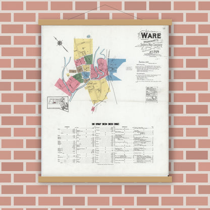 Old map wall art mockup — magnetic wood frame on brick wall — Sanborn Fire Insurance Map from Ware, Hampshire County, Massachusetts (1919), Sheet #0001