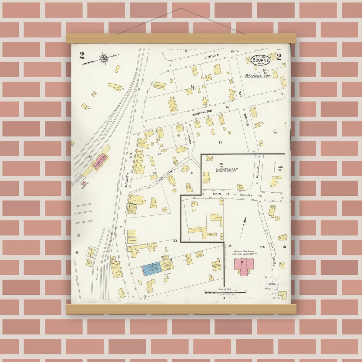 Old map wall art mockup — magnetic wood frame on brick wall — Sanborn Fire Insurance Map from Bourne, Barnstable County, Massachusetts (1924), Sheet #0002