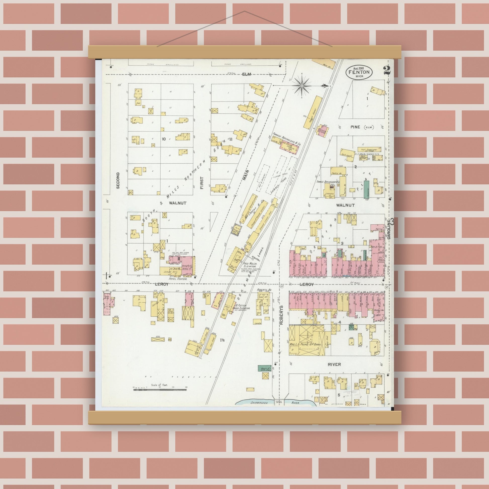 Old map wall art mockup — magnetic wood frame on brick wall — Sanborn Fire Insurance Map from Fenton, Genesee County, Michigan (1901), Sheet #0002