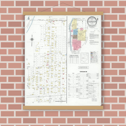 Old map wall art mockup — magnetic wood frame on brick wall — Sanborn Fire Insurance Map from Covington, Miami County, Ohio (1946), Sheet #0001