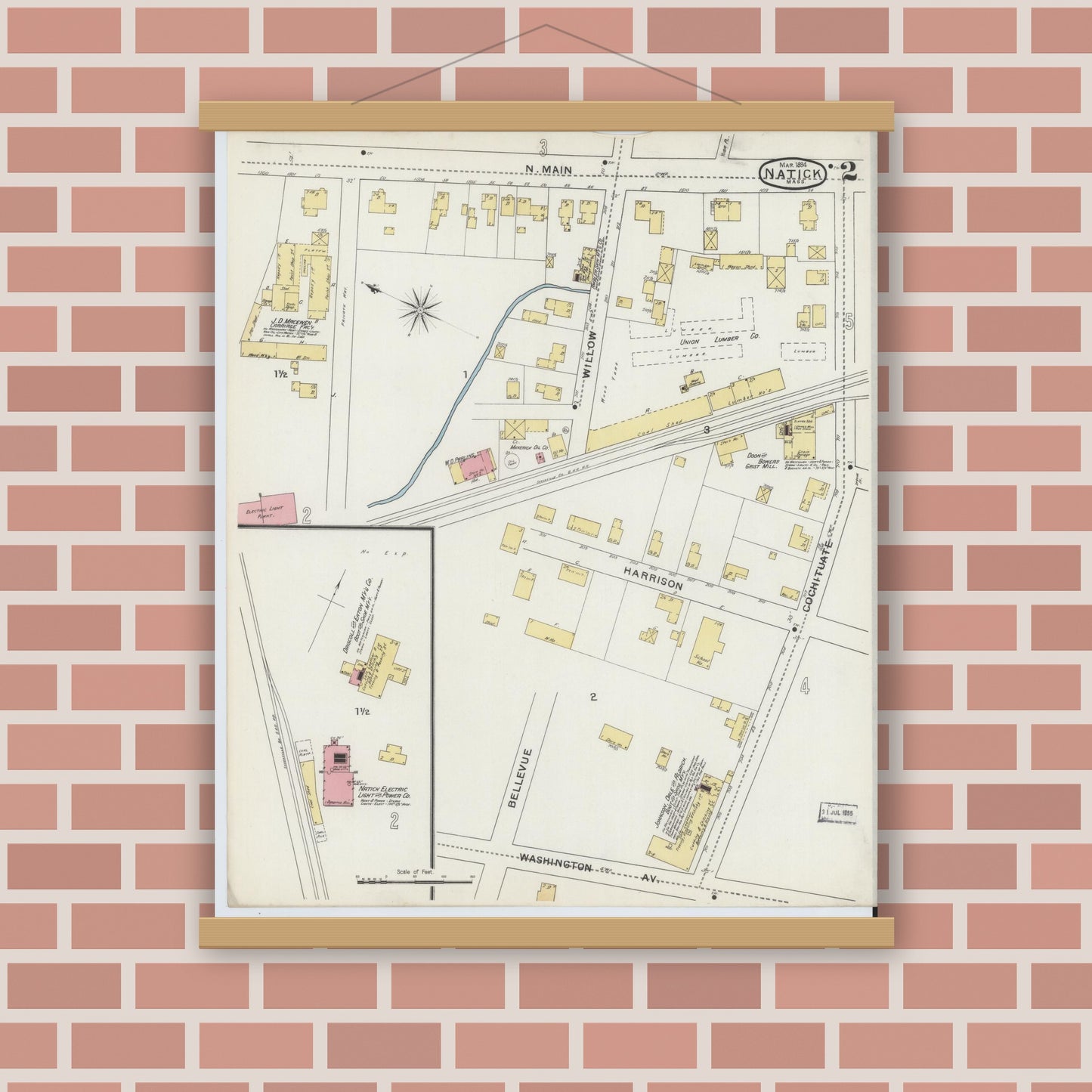 Old map wall art mockup — magnetic wood frame on brick wall — Sanborn Fire Insurance Map from Natick, Middlesex County, Massachusetts (1894), Sheet #0002