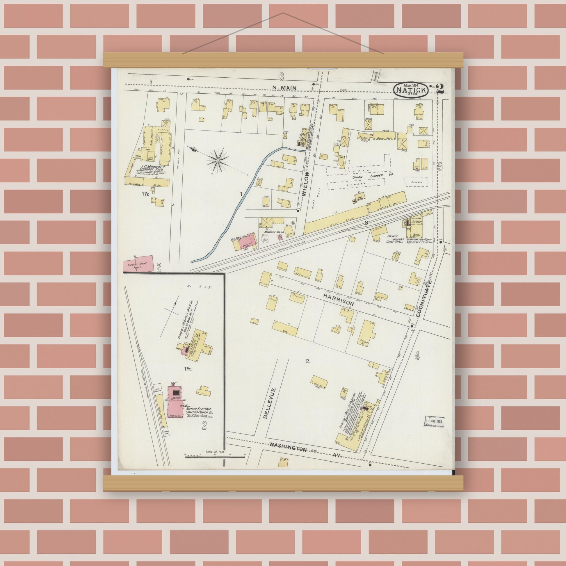 Old map wall art mockup — magnetic wood frame on brick wall — Sanborn Fire Insurance Map from Natick, Middlesex County, Massachusetts (1894), Sheet #0002