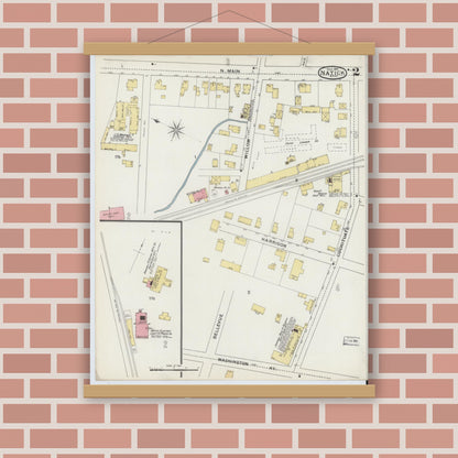 Old map wall art mockup — magnetic wood frame on brick wall — Sanborn Fire Insurance Map from Natick, Middlesex County, Massachusetts (1894), Sheet #0002