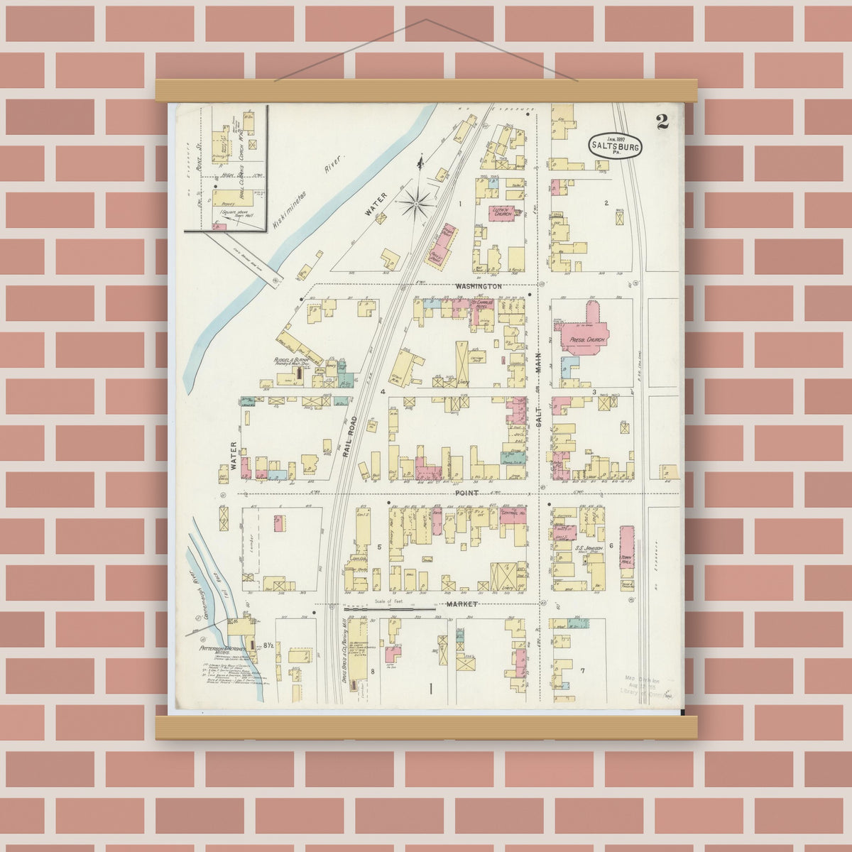 Old map wall art mockup — magnetic wood frame on brick wall — Sanborn Fire Insurance Map from Saltsburg, Indiana County, Pennsylvania (1897), Sheet #0002