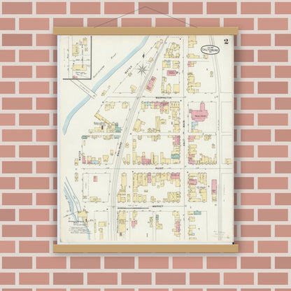 Old map wall art mockup — magnetic wood frame on brick wall — Sanborn Fire Insurance Map from Saltsburg, Indiana County, Pennsylvania (1897), Sheet #0002