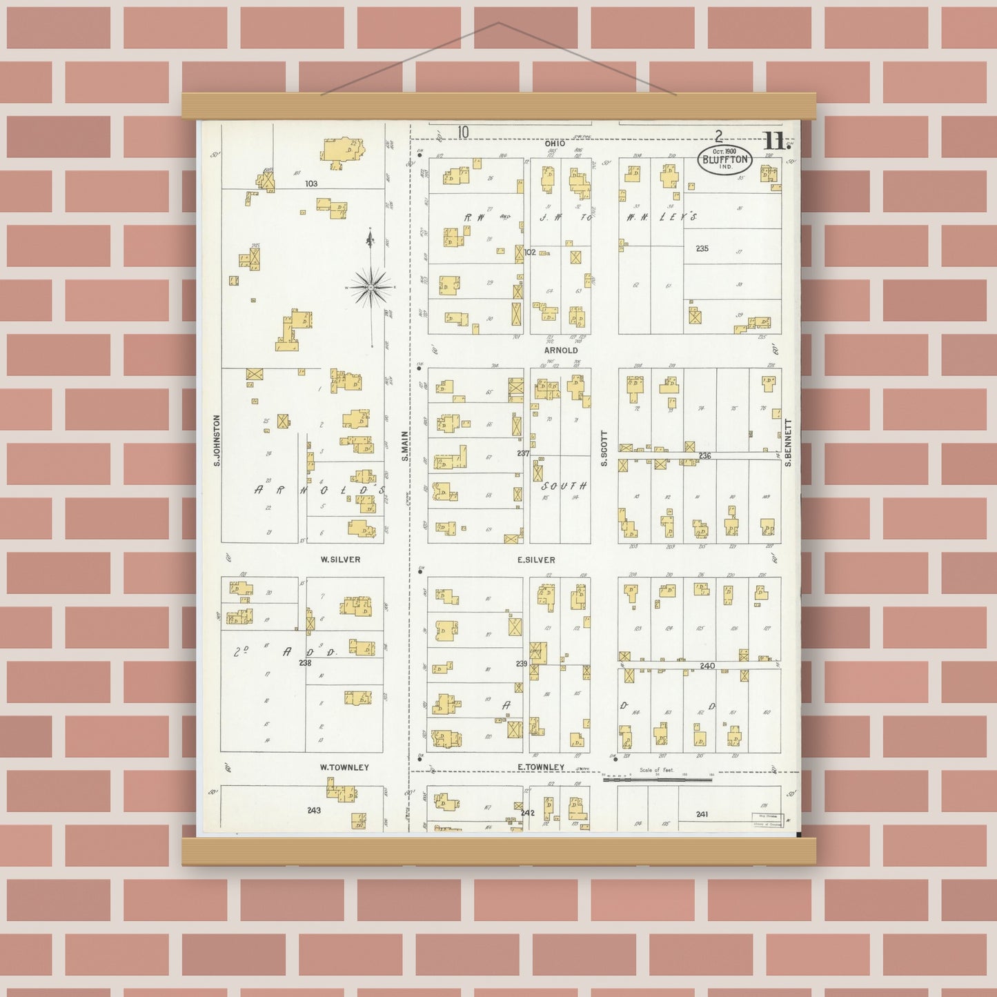 Old map wall art mockup — magnetic wood frame on brick wall — Sanborn Fire Insurance Map from Bluffton, Wells County, Indiana (1900), Sheet #0011