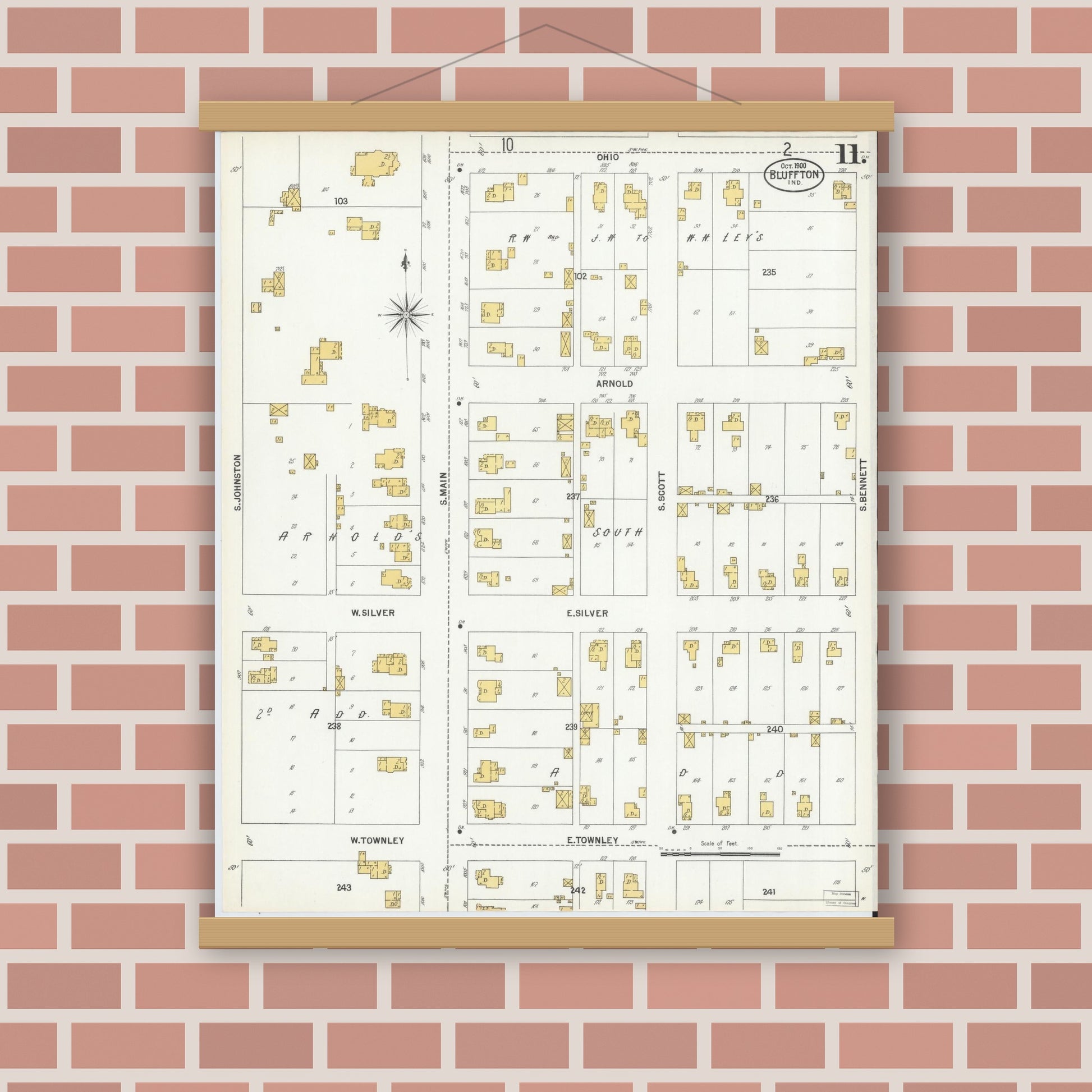 Old map wall art mockup — magnetic wood frame on brick wall — Sanborn Fire Insurance Map from Bluffton, Wells County, Indiana (1900), Sheet #0011