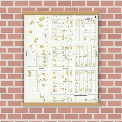 Old map wall art mockup — magnetic wood frame on brick wall — Sanborn Fire Insurance Map from Bluffton, Wells County, Indiana (1900), Sheet #0011