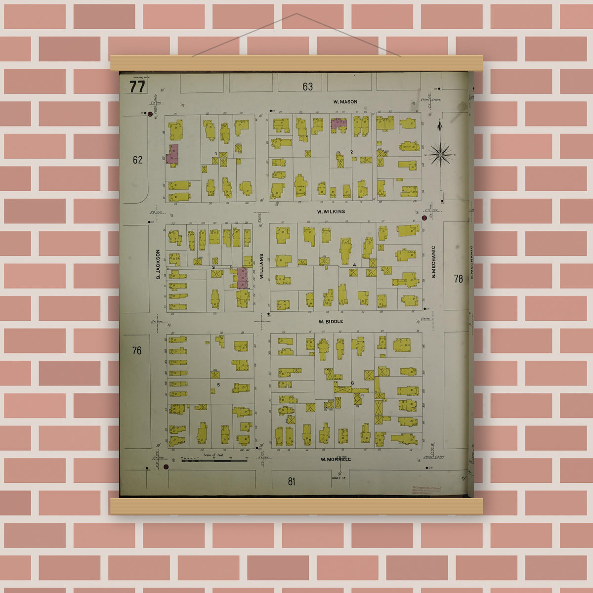 Old map wall art mockup — magnetic wood frame on brick wall — Sanborn Fire Insurance Map from Jackson, Jackson County, Michigan (1907), Sheet #0077
