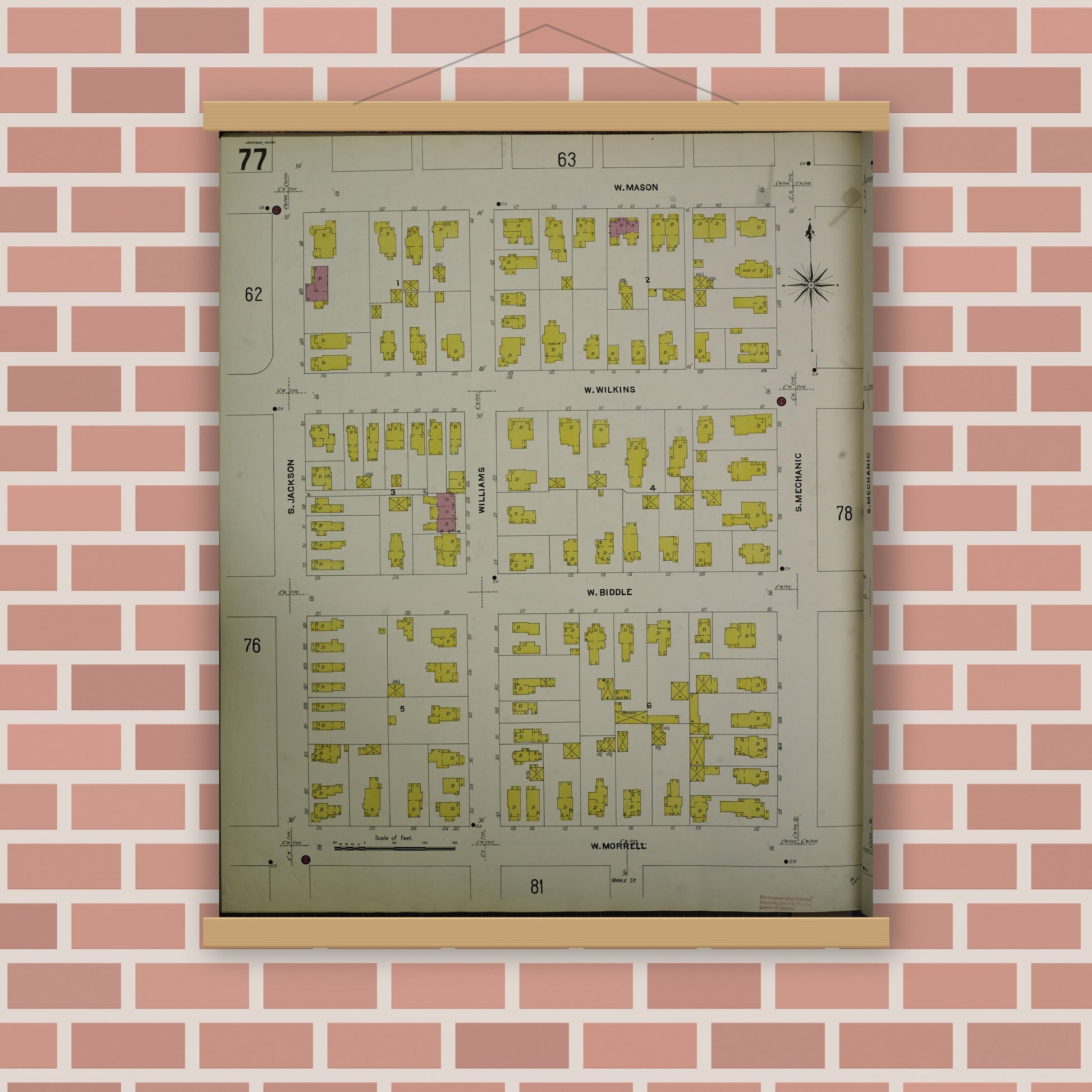 Old map wall art mockup — magnetic wood frame on brick wall — Sanborn Fire Insurance Map from Jackson, Jackson County, Michigan (1907), Sheet #0077