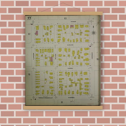 Old map wall art mockup — magnetic wood frame on brick wall — Sanborn Fire Insurance Map from Jackson, Jackson County, Michigan (1907), Sheet #0077