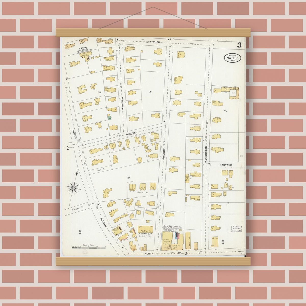 Old map wall art mockup — magnetic wood frame on brick wall — Sanborn Fire Insurance Map from Natick, Middlesex County, Massachusetts (1899), Sheet #0003