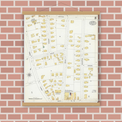 Old map wall art mockup — magnetic wood frame on brick wall — Sanborn Fire Insurance Map from Natick, Middlesex County, Massachusetts (1899), Sheet #0003