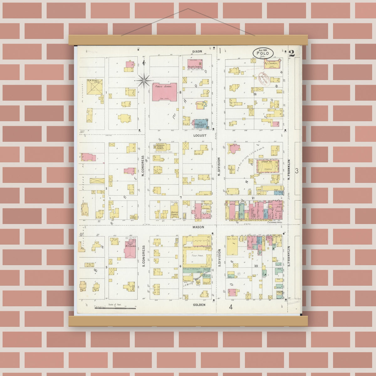 Old map wall art mockup — magnetic wood frame on brick wall — Sanborn Fire Insurance Map from Polo, Ogle County, Illinois (1899), Sheet #0002