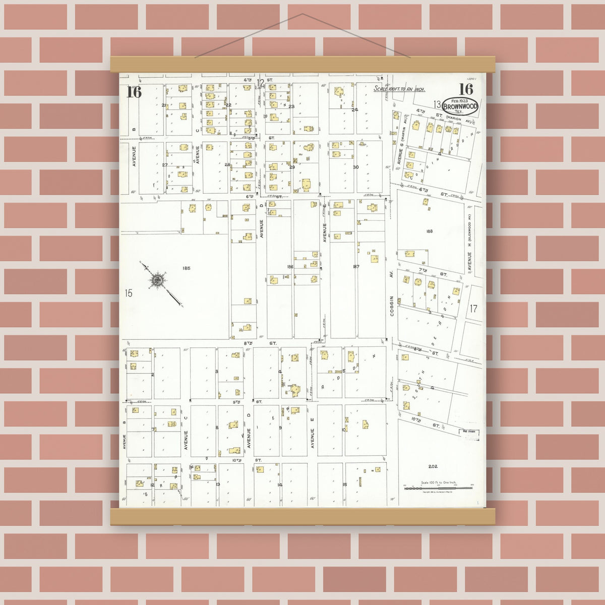Old map wall art mockup — magnetic wood frame on brick wall — Sanborn Fire Insurance Map from Brownwood, Brown County, Texas (1923), Sheet #0016