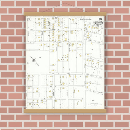Old map wall art mockup — magnetic wood frame on brick wall — Sanborn Fire Insurance Map from Brownwood, Brown County, Texas (1923), Sheet #0016