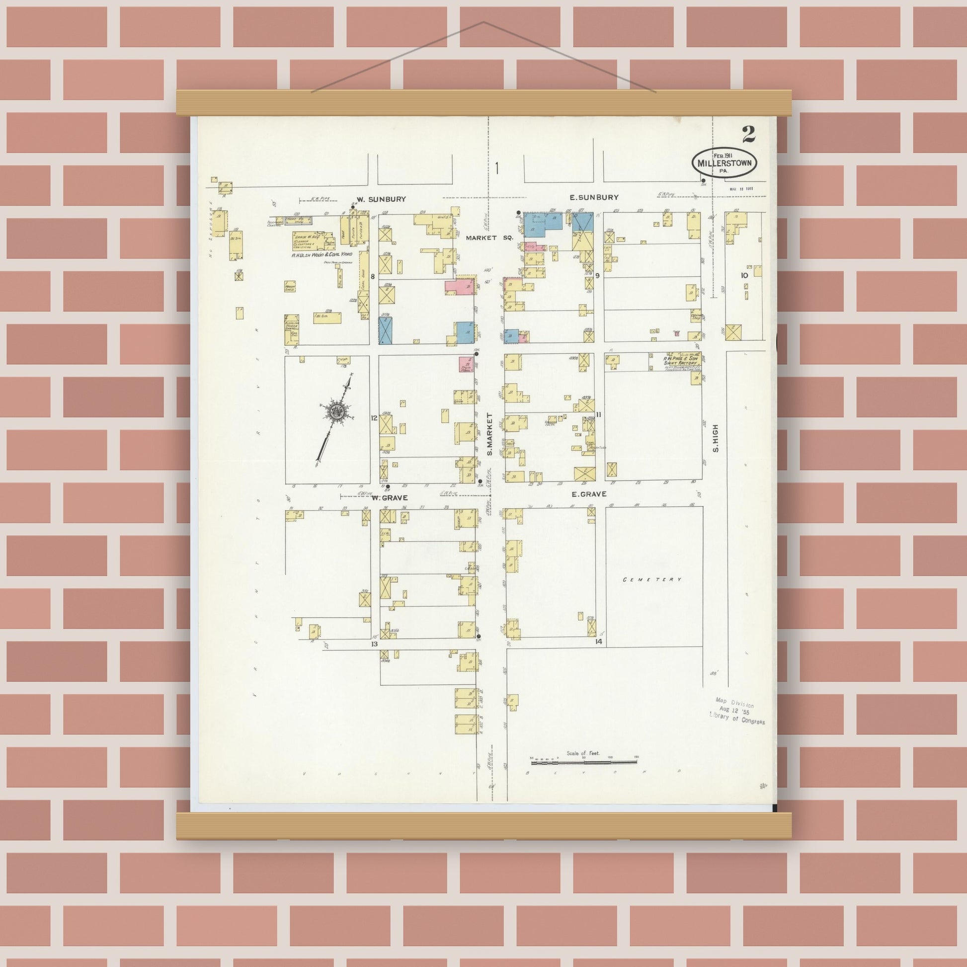 Old map wall art mockup — magnetic wood frame on brick wall — Sanborn Fire Insurance Map from Millerstown, Perry County, Pennsylvania (1911), Sheet #0002