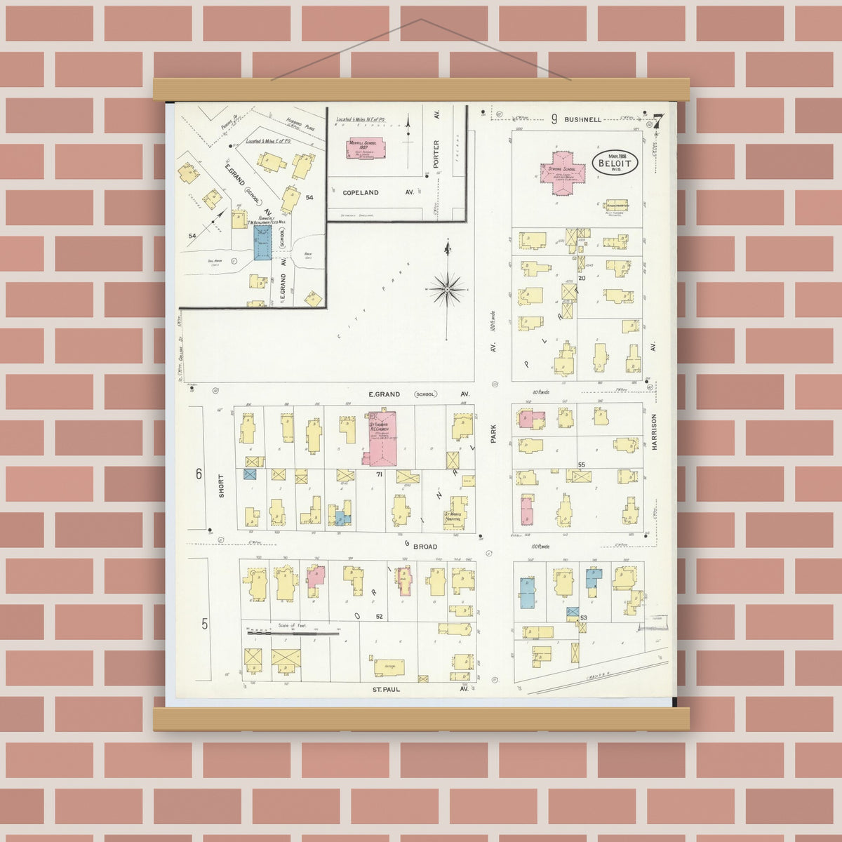 Old map wall art mockup — magnetic wood frame on brick wall — Sanborn Fire Insurance Map from Beloit, Rock County, Wisconsin (1908), Sheet #0007