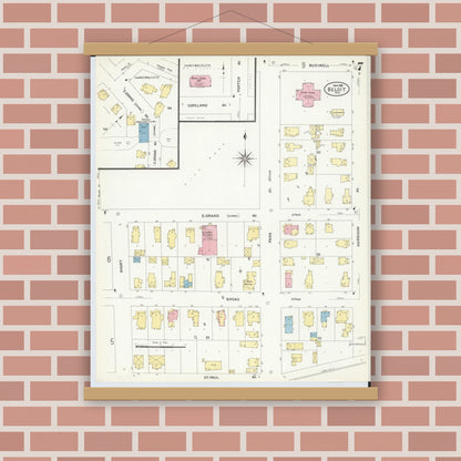 Old map wall art mockup — magnetic wood frame on brick wall — Sanborn Fire Insurance Map from Beloit, Rock County, Wisconsin (1908), Sheet #0007