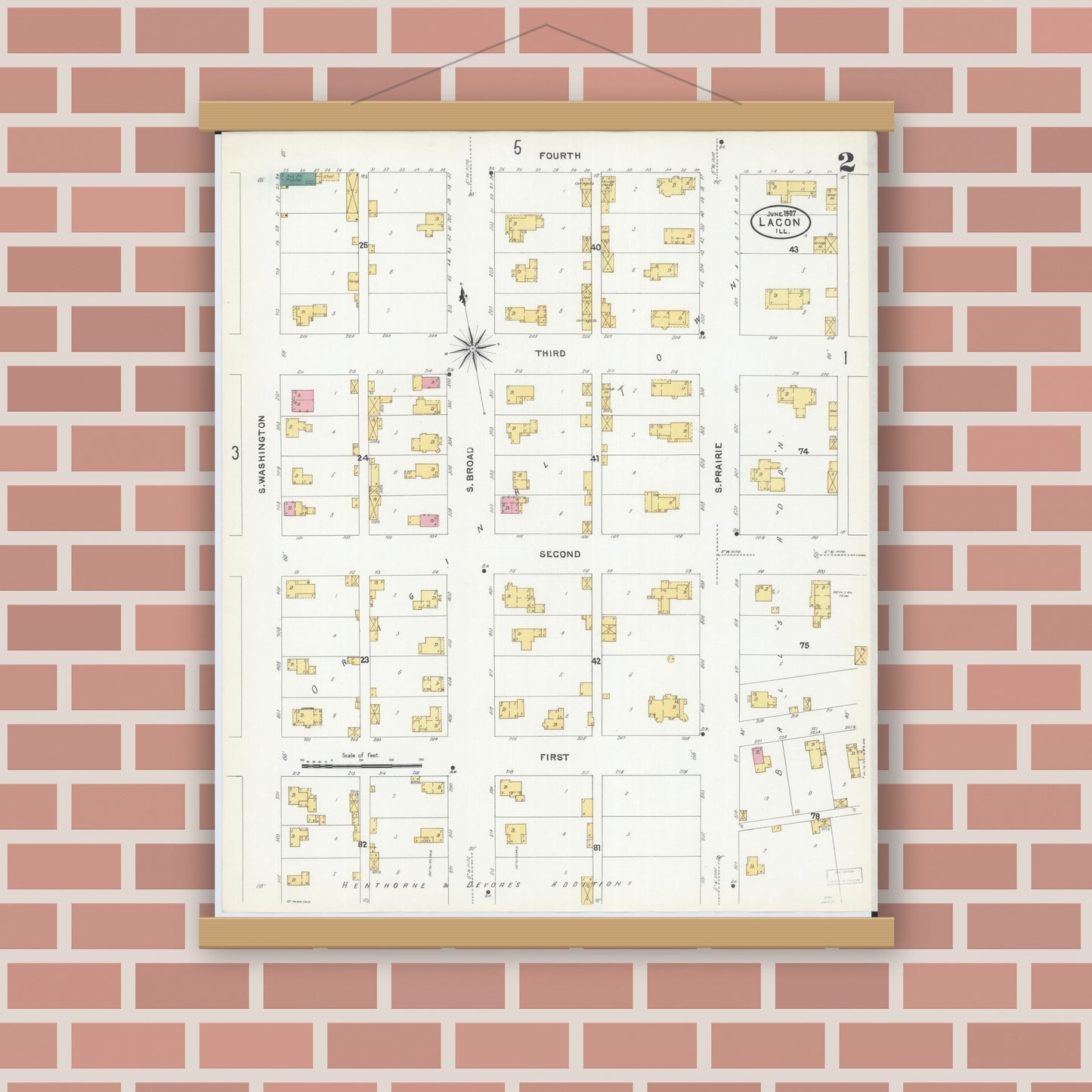 Old map wall art mockup — magnetic wood frame on brick wall — Sanborn Fire Insurance Map from Lacon, Marshall County, Illinois (1907), Sheet #0002