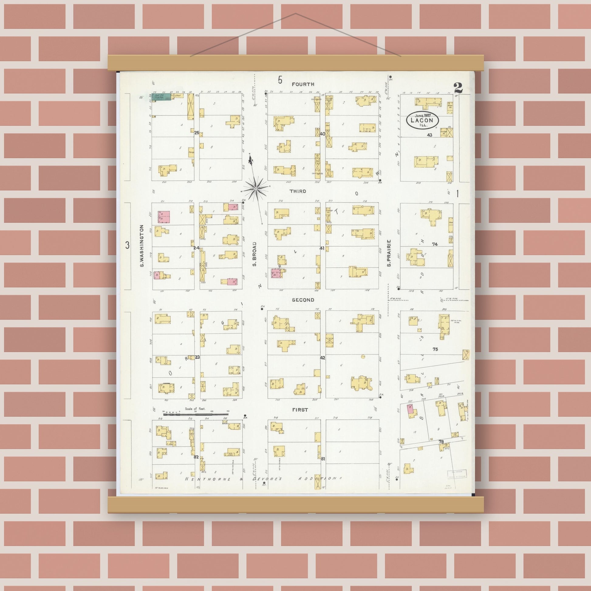 Old map wall art mockup — magnetic wood frame on brick wall — Sanborn Fire Insurance Map from Lacon, Marshall County, Illinois (1907), Sheet #0002
