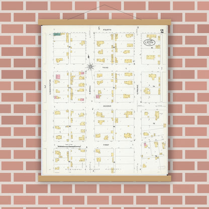 Old map wall art mockup — magnetic wood frame on brick wall — Sanborn Fire Insurance Map from Lacon, Marshall County, Illinois (1907), Sheet #0002