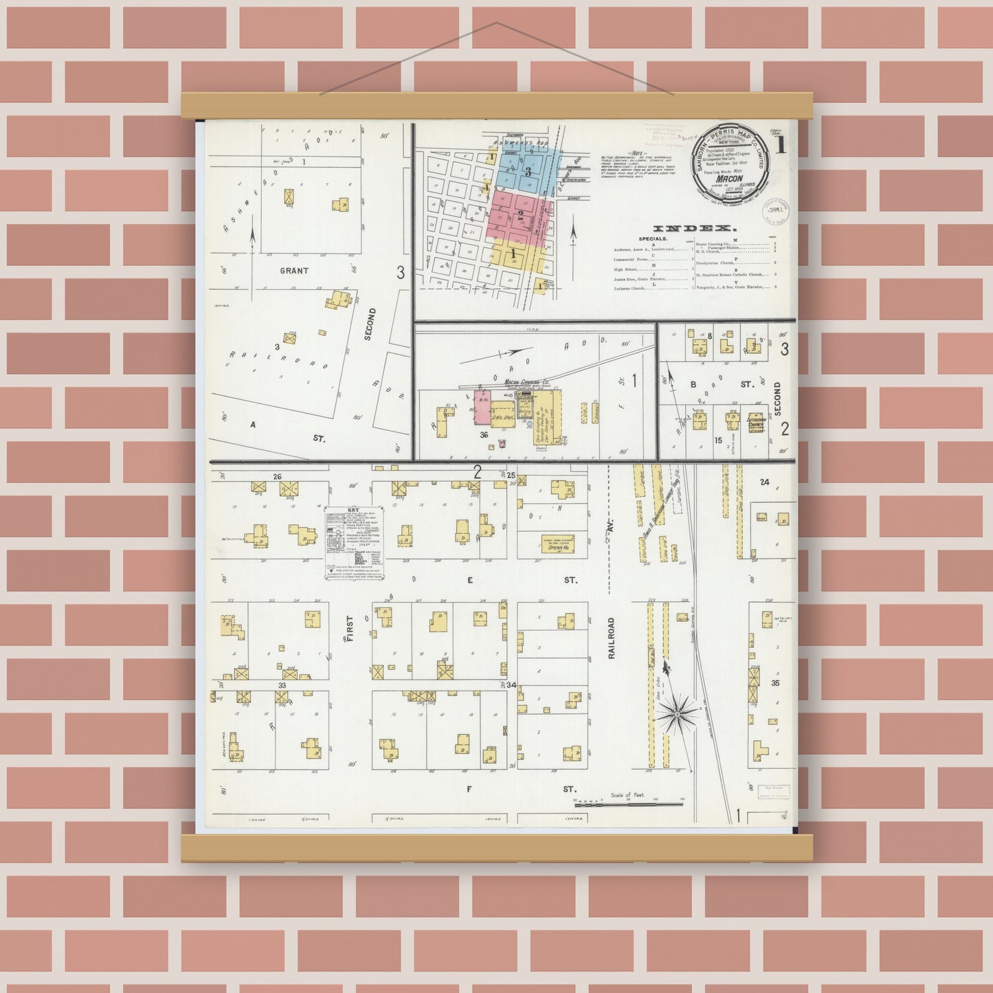 Old map wall art mockup — magnetic wood frame on brick wall — Sanborn Fire Insurance Map from Macon, Macon County, Illinois (1899) - Complete Map Set