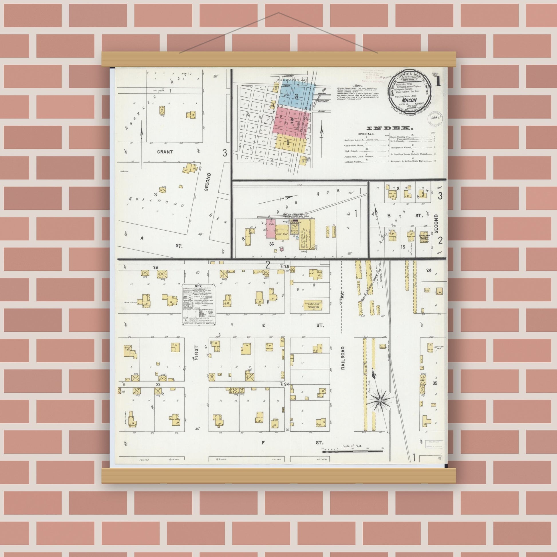 Old map wall art mockup — magnetic wood frame on brick wall — Sanborn Fire Insurance Map from Macon, Macon County, Illinois (1899) - Complete Map Set