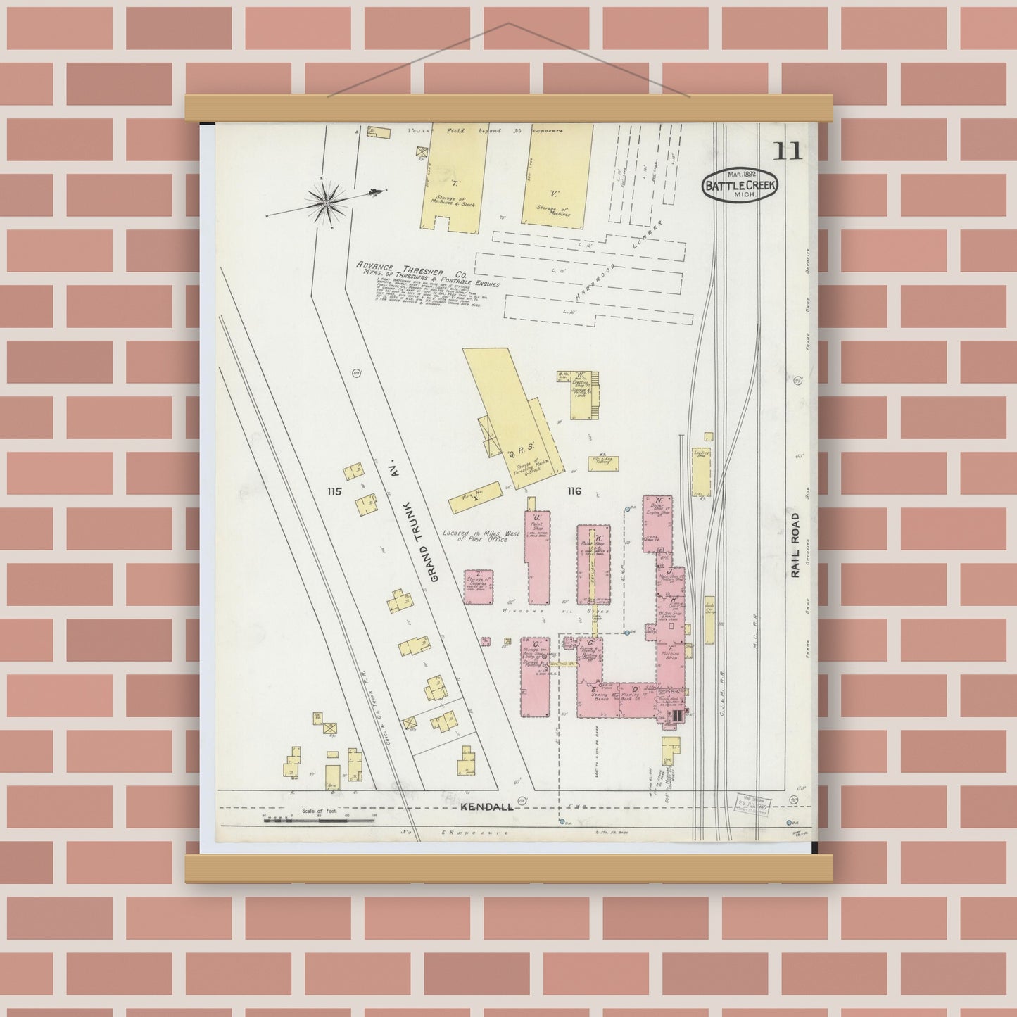 Old map wall art mockup — magnetic wood frame on brick wall — Sanborn Fire Insurance Map from Battle Creek, Calhoun County, Michigan (1892), Sheet #0011