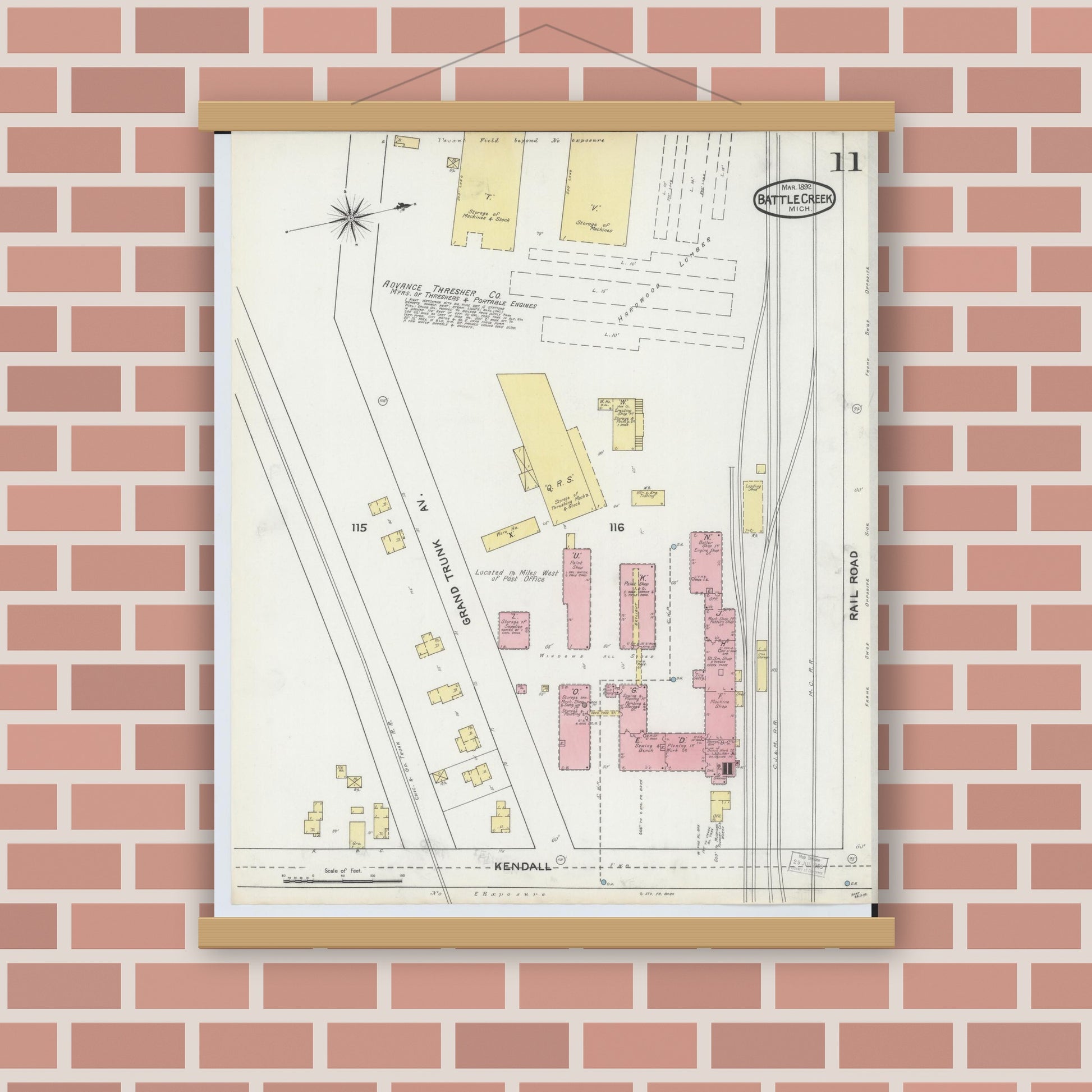 Old map wall art mockup — magnetic wood frame on brick wall — Sanborn Fire Insurance Map from Battle Creek, Calhoun County, Michigan (1892), Sheet #0011