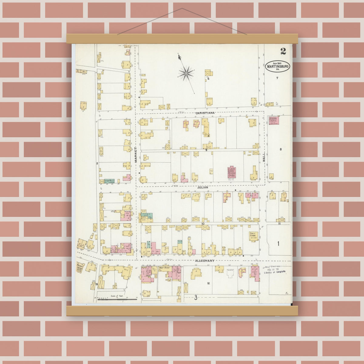 Old map wall art mockup — magnetic wood frame on brick wall — Sanborn Fire Insurance Map from Martinsburg, Blair County, Pennsylvania (1905), Sheet #0002