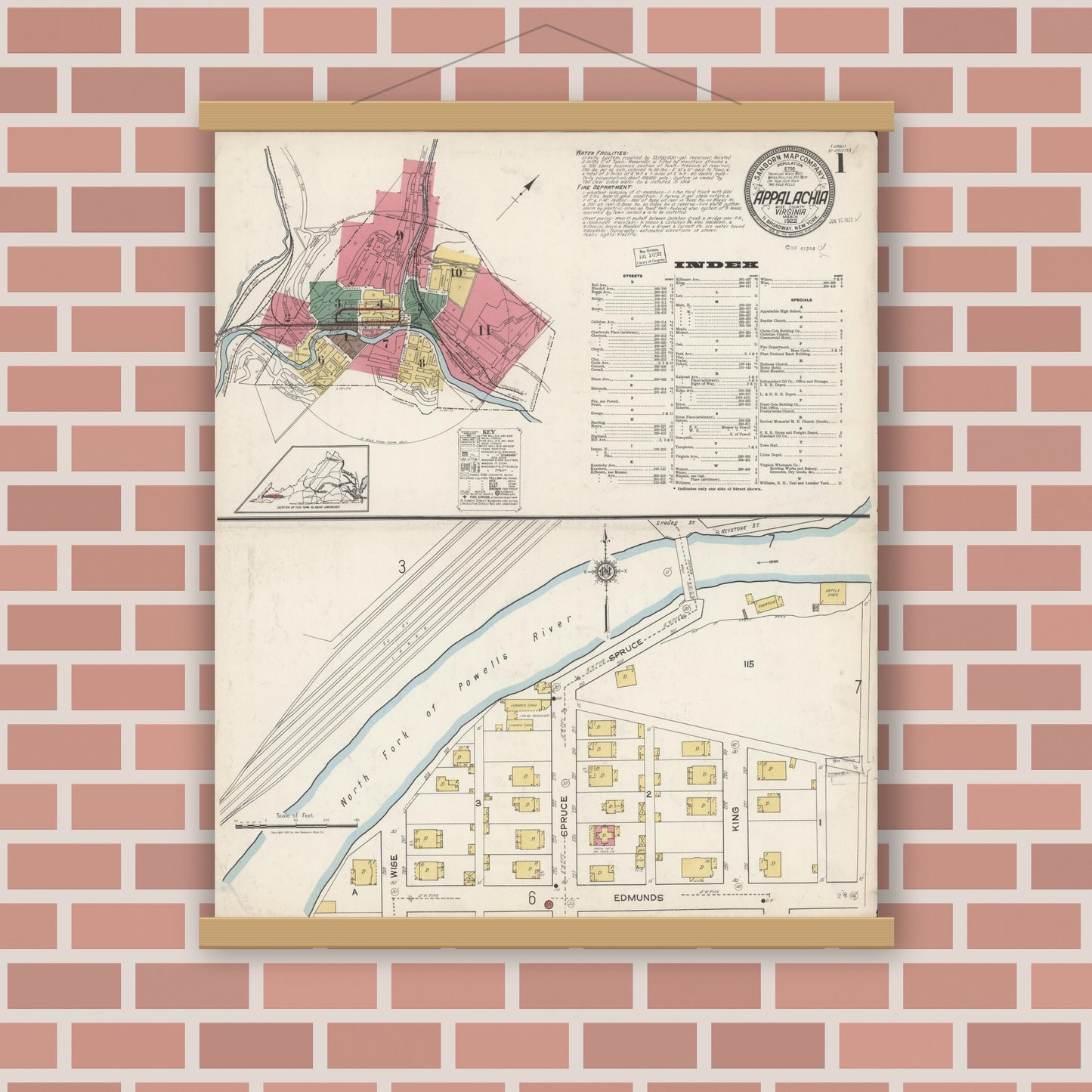Old map wall art mockup — magnetic wood frame on brick wall — Sanborn Fire Insurance Map from Appalachia, Wise County, Virginia (1922) - Complete Map Set