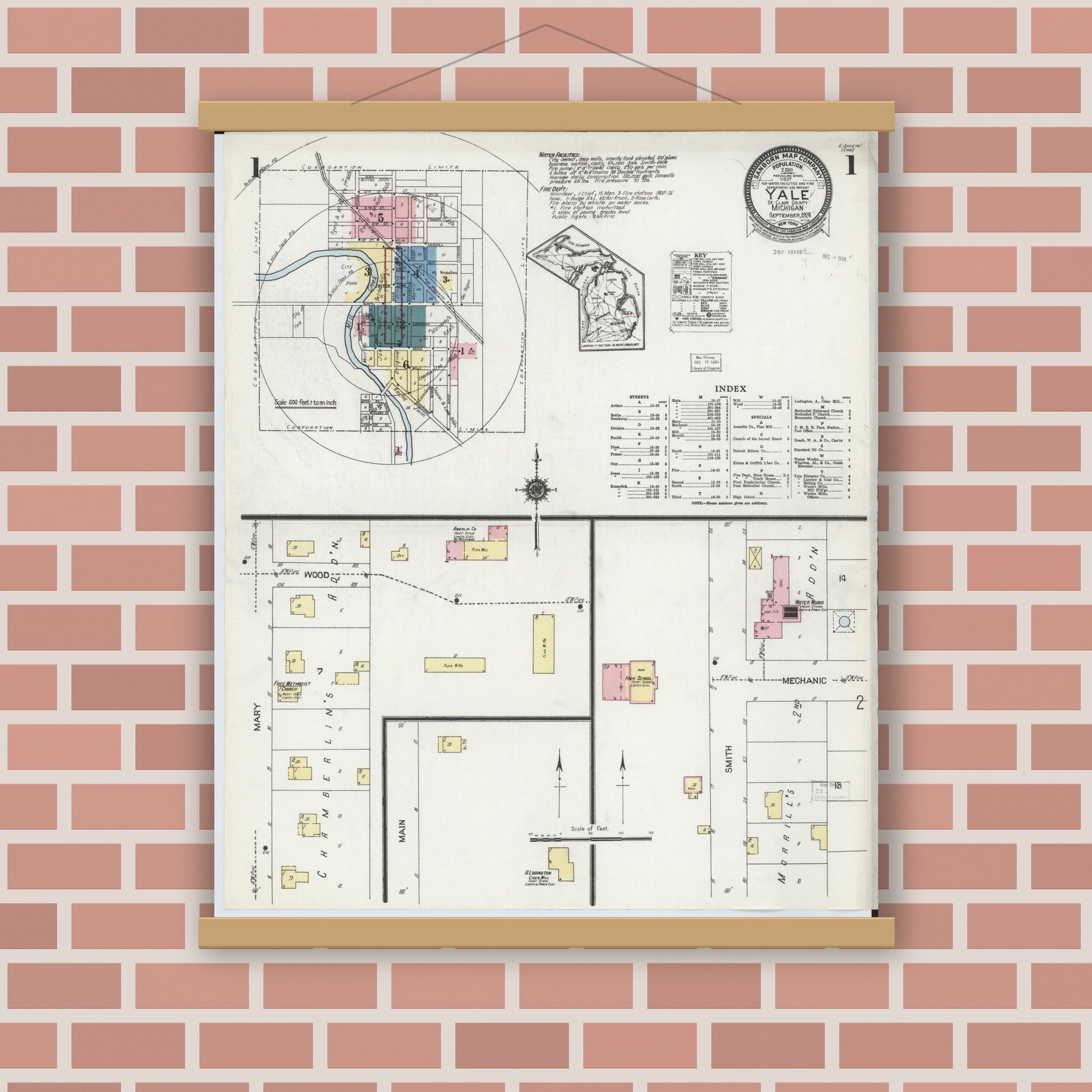 Old map wall art mockup — magnetic wood frame on brick wall — Sanborn Fire Insurance Map from Yale, Saint Clair County, Michigan (1924), Sheet #0001