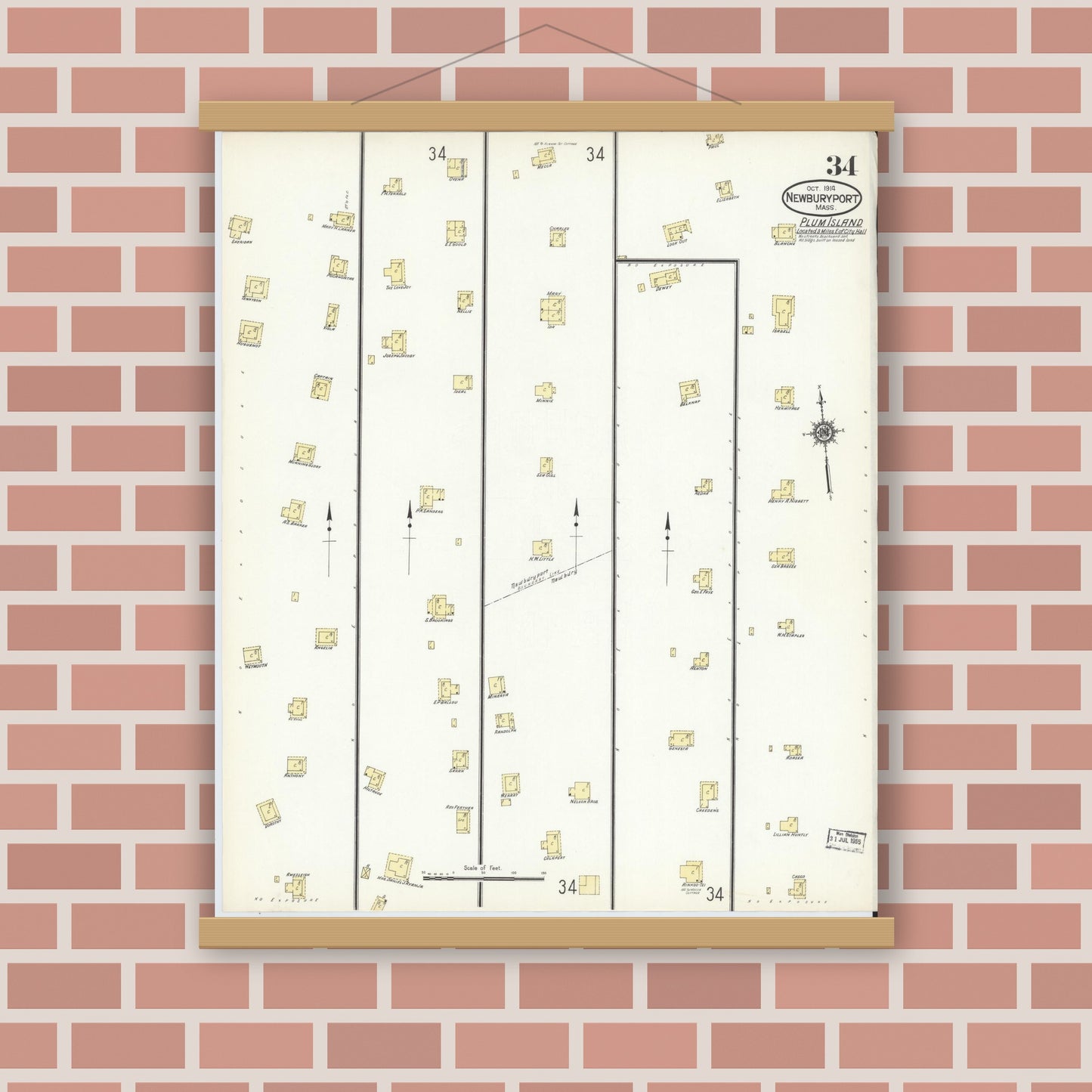 Old map wall art mockup — magnetic wood frame on brick wall — Sanborn Fire Insurance Map from Newburyport, Essex County, Massachusetts (1914), Sheet #0034