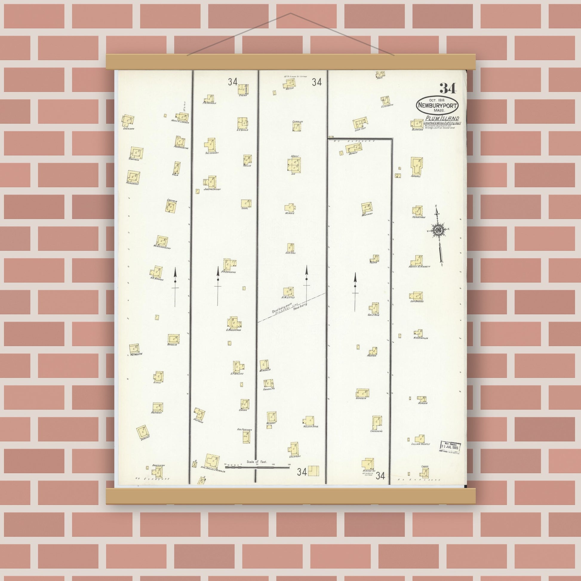 Old map wall art mockup — magnetic wood frame on brick wall — Sanborn Fire Insurance Map from Newburyport, Essex County, Massachusetts (1914), Sheet #0034