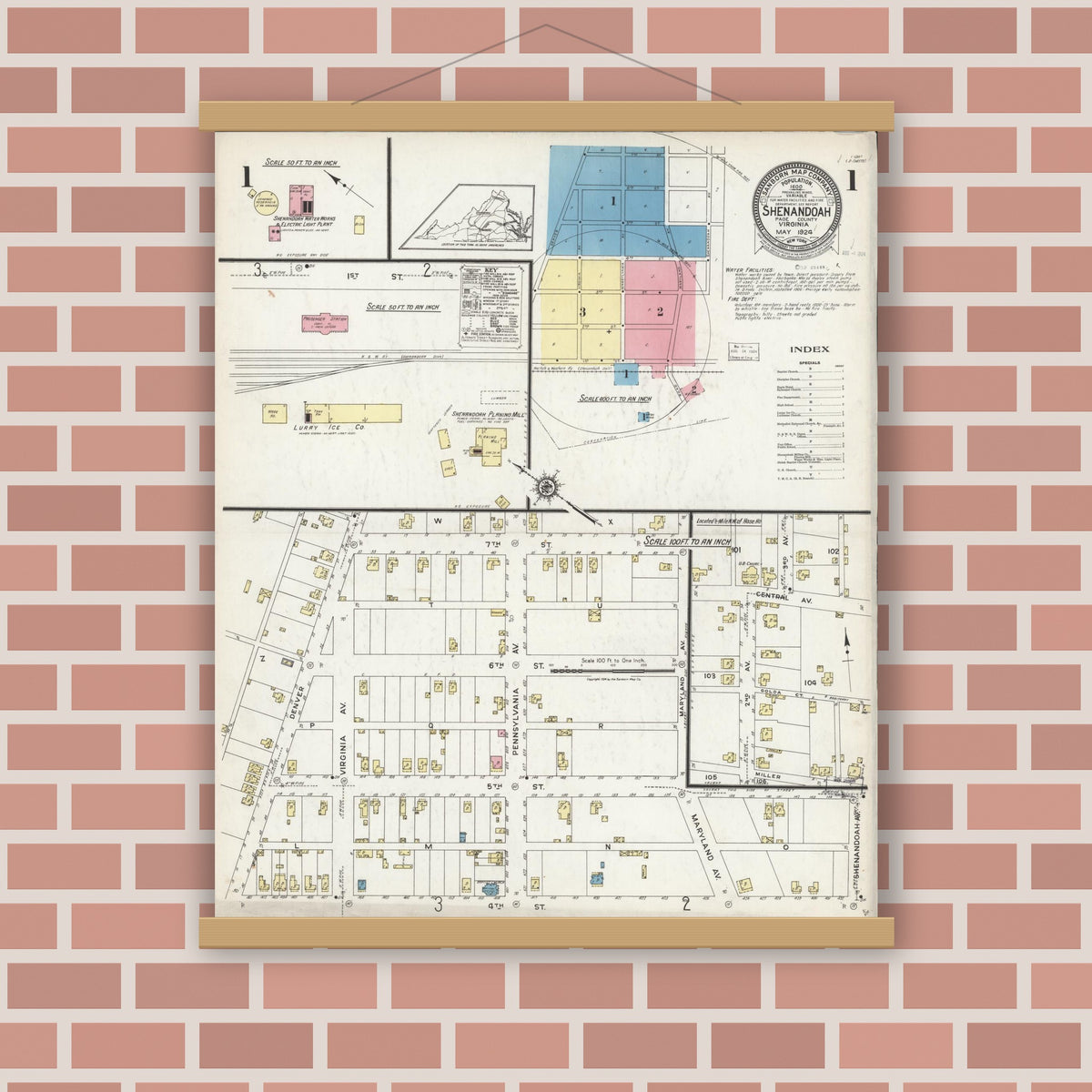 Old map wall art mockup — magnetic wood frame on brick wall — Sanborn Fire Insurance Map from Shenandoah, Page County, Virginia (1924) - Complete Map Set