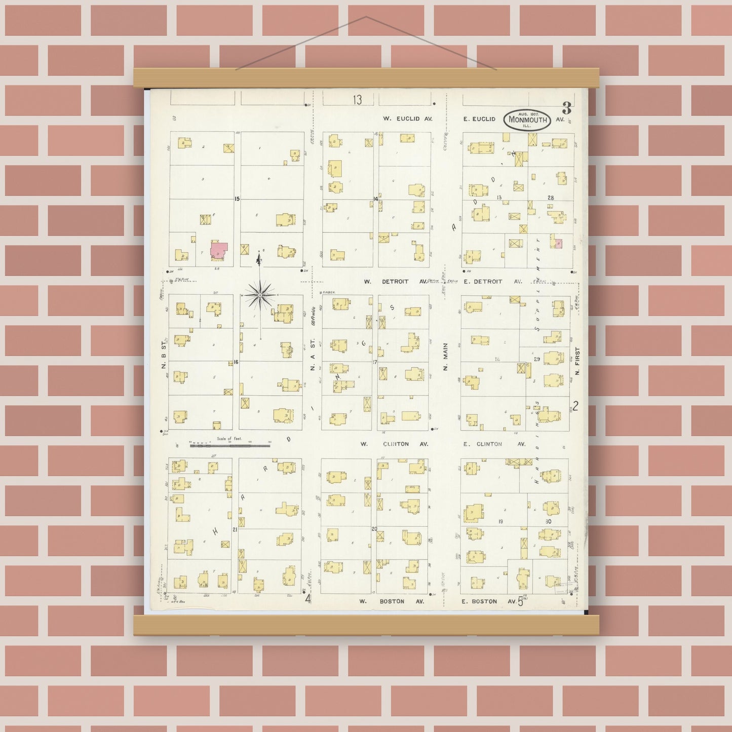 Old map wall art mockup — magnetic wood frame on brick wall — Sanborn Fire Insurance Map from Monmouth, Warren County, Illinois (1907), Sheet #0003