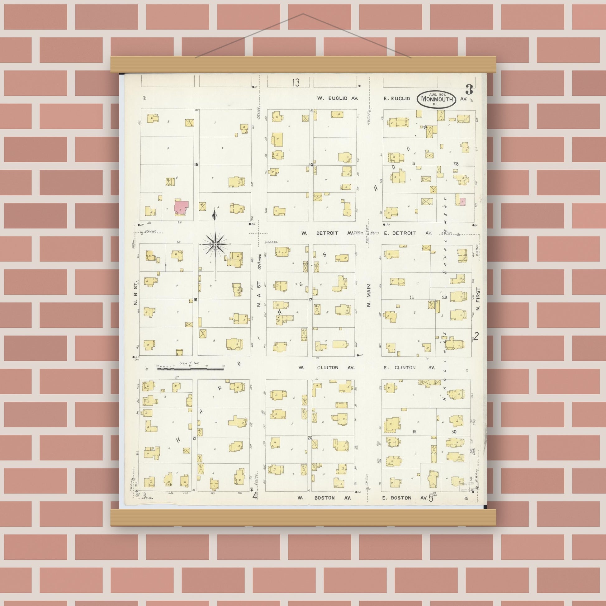 Old map wall art mockup — magnetic wood frame on brick wall — Sanborn Fire Insurance Map from Monmouth, Warren County, Illinois (1907), Sheet #0003