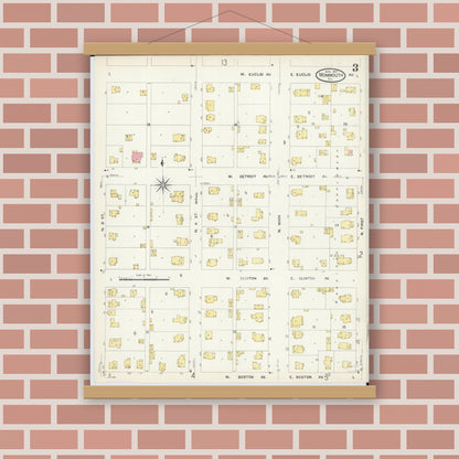 Old map wall art mockup — magnetic wood frame on brick wall — Sanborn Fire Insurance Map from Monmouth, Warren County, Illinois (1907), Sheet #0003