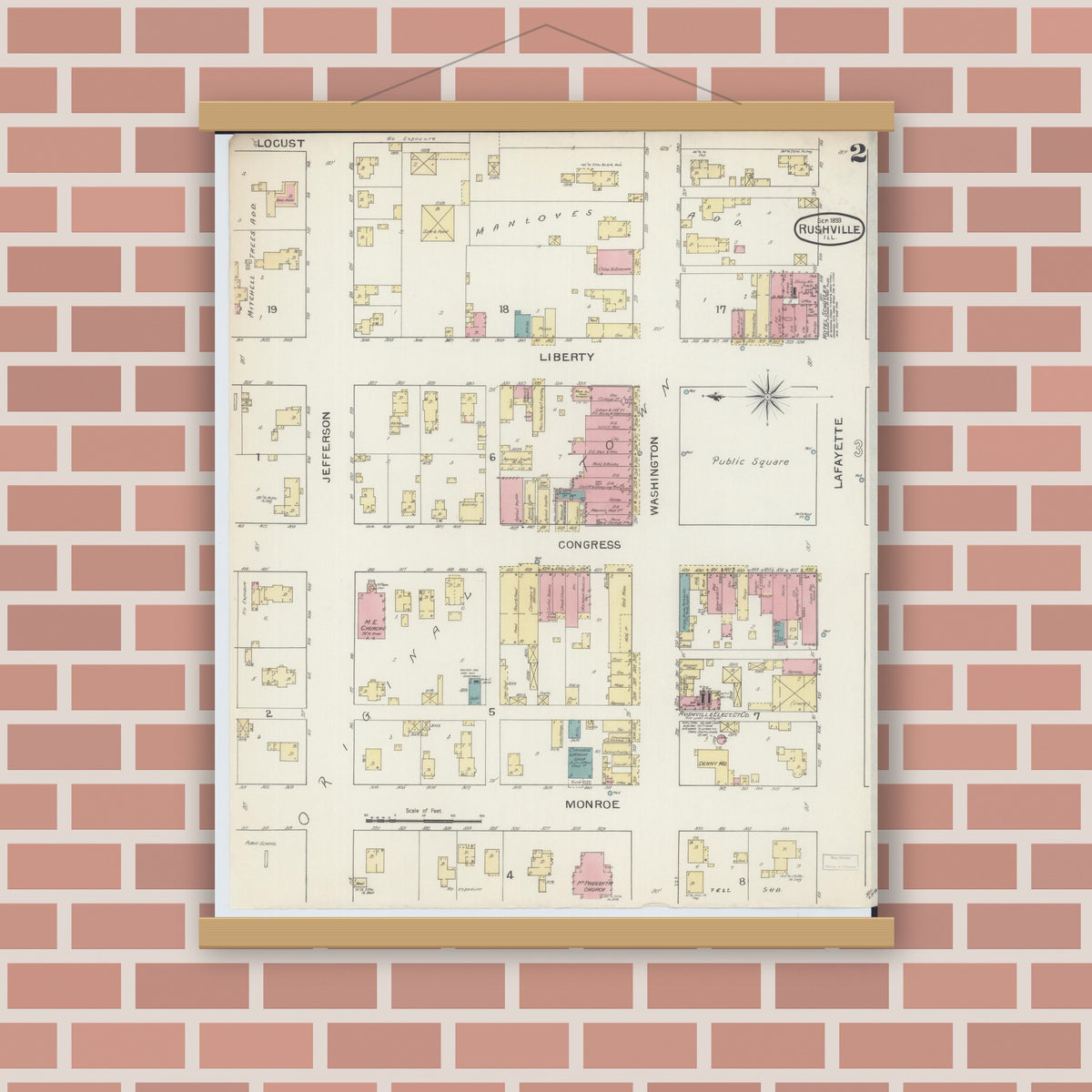 Old map wall art mockup — magnetic wood frame on brick wall — Sanborn Fire Insurance Map from Rushville, Schuyler County, Illinois (1893), Sheet #0002