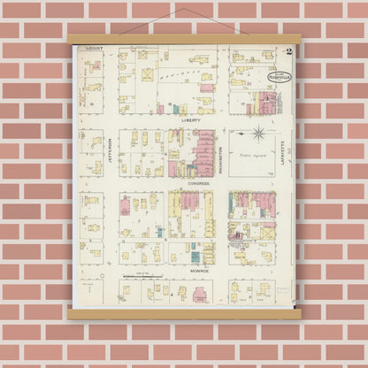 Old map wall art mockup — magnetic wood frame on brick wall — Sanborn Fire Insurance Map from Rushville, Schuyler County, Illinois (1893), Sheet #0002