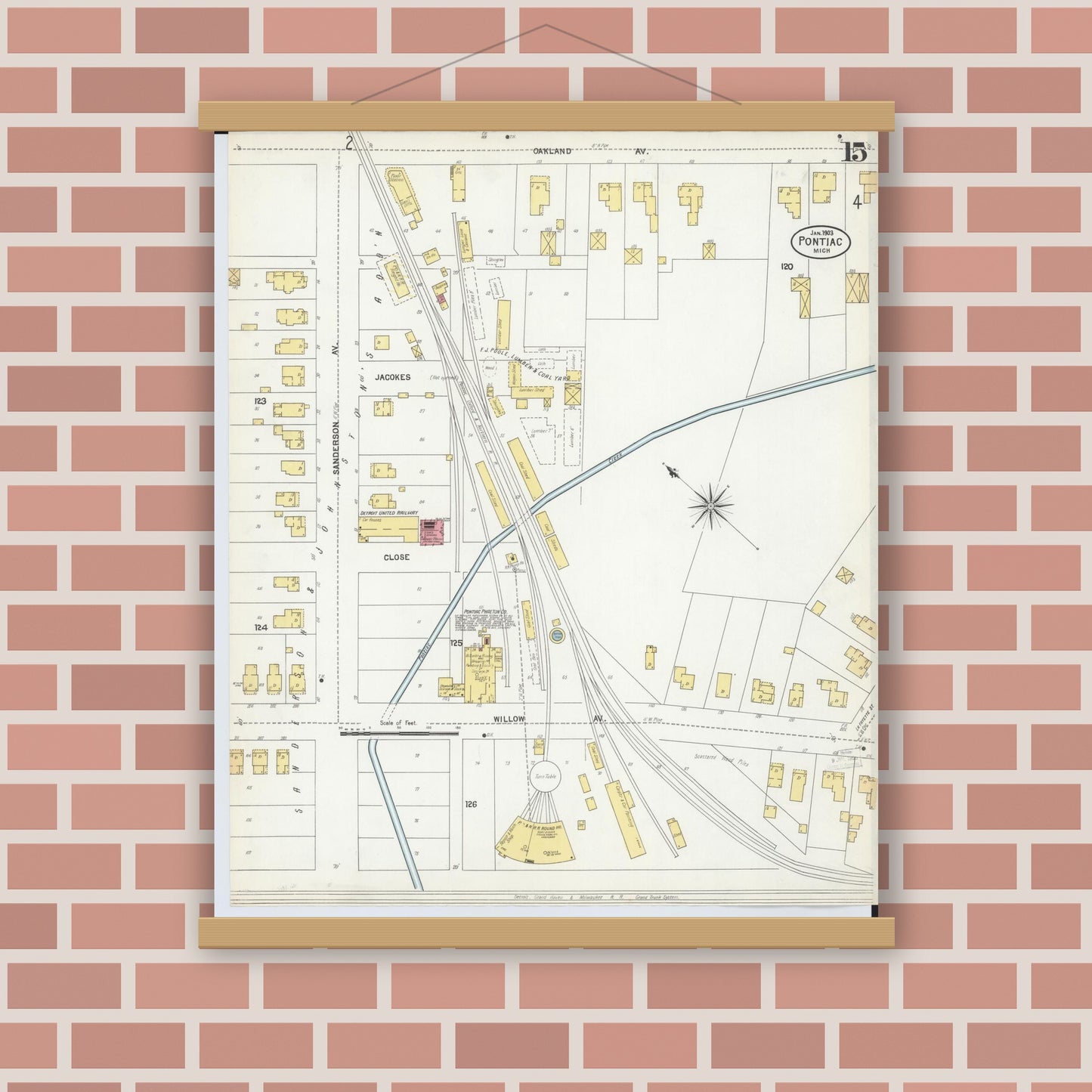 Old map wall art mockup — magnetic wood frame on brick wall — Sanborn Fire Insurance Map from Pontiac, Oakland County, Michigan (1903), Sheet #0015