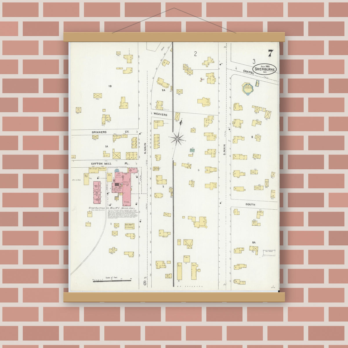 Old map wall art mockup — magnetic wood frame on brick wall — Sanborn Fire Insurance Map from Sherburne, Chenango County, New York (1906), Sheet #0007